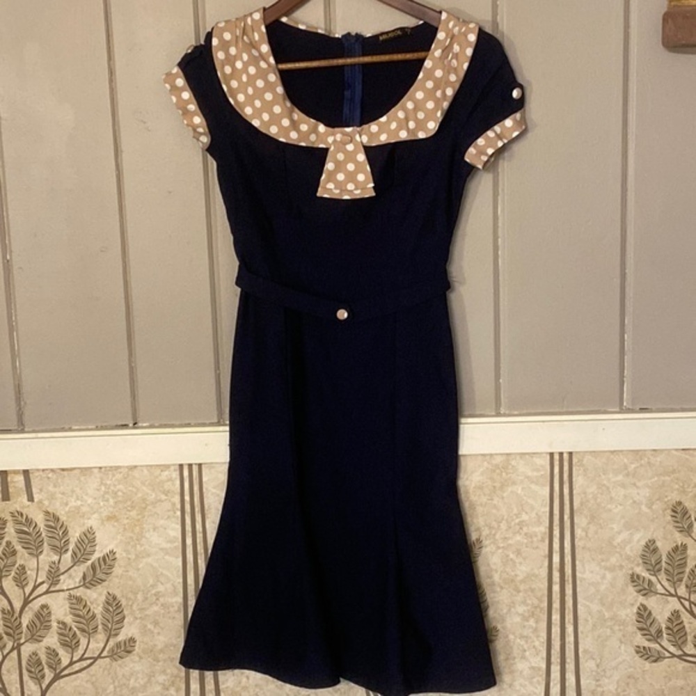 MIUSOL VINTAGE looking size S midi dress in navy and brown and white accents